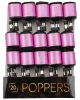 Förpackning med 20 partypoppers med glansiga rosa omslag och svarta toppar. Varje popper har ett snöre för enkel användning och sprider konfetti vid aktivering.
