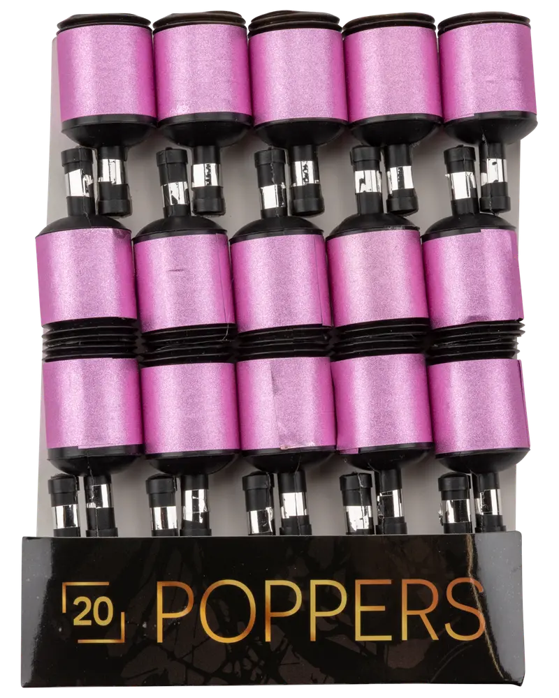 Förpackning med 20 partypoppers med glansiga rosa omslag och svarta toppar. Varje popper har ett snöre för enkel användning och sprider konfetti vid aktivering.