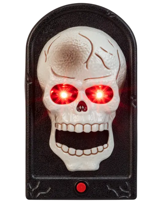 Halloween-dörrklocka med vit dödskalle på svart rektangulär bas, röd knapp längst ner och diskreta röda LED-lampor för skrämmande dekoration.