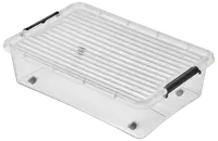 Gennemsigtig plastopbevaringsboks med rektangulær form, rillet låg og to sorte låsehåndtag på siderne. Perfekt til opbevaring af diverse ting.