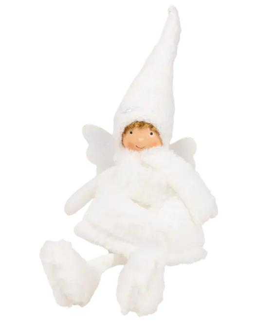 Mjuk ängladocka i vitt fluffigt tyg, spetsig mössa och vingar. Har ett leende ansikte med rosiga kinder och dinglande ben. Perfekt som dekoration eller gosedjur.