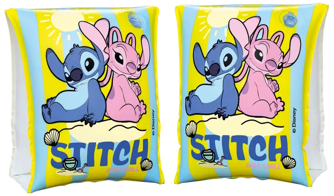 Oppustelige armvinger med Disney-figurerne Stitch og Angel, farverige i gul og blå, med sol- og strandmotiv, velegnet til børn der lærer at svømme.