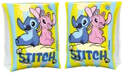 Oppustelige armvinger med Disney-figurerne Stitch og Angel, farverige i gul og blå, med sol- og strandmotiv, velegnet til børn der lærer at svømme.