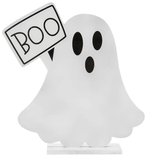 Vit spökformad Halloween-dekoration med svarta ovala ögon och mun, håller en skylt med texten "BOO". Tillverkad av lätt material, står upprätt.