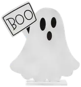 Vit spökformad Halloween-dekoration med svarta ovala ögon och mun, håller en skylt med texten "BOO". Tillverkad av lätt material, står upprätt.