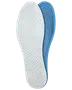 Sæt perforerede, blå og hvide skumsåler med trykte størrelseslinjer til individuel tilpasning. Åndbare og komfortable, passer til forskellige skostørrelser og nemme at klippe til.