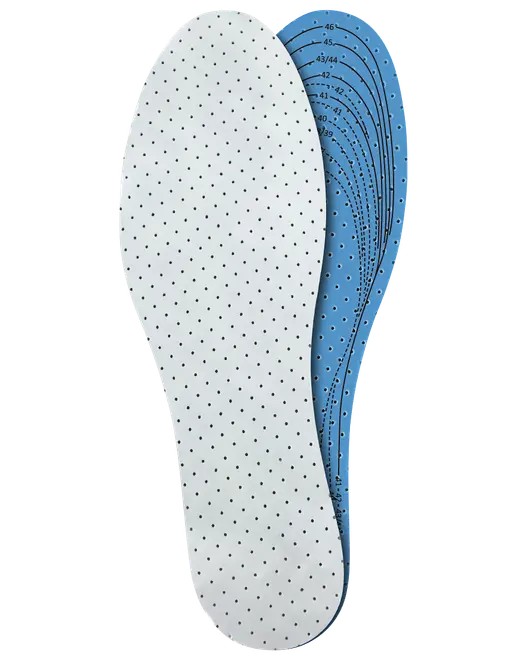 Sæt perforerede, blå og hvide skumsåler med trykte størrelseslinjer til individuel tilpasning. Åndbare og komfortable, passer til forskellige skostørrelser og nemme at klippe til.