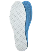 Par perforerade blå och vita skoinlägg i skum med tryckta storlekslinjer för enkel anpassning. Andas, bekväma och passar flera skostorlekar, enkla att klippa till.