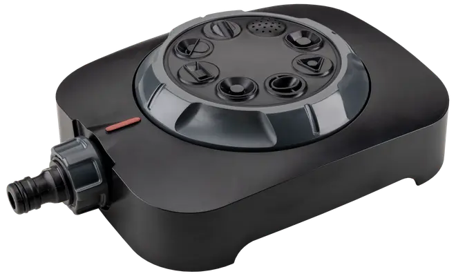 Svart automatisk vattentimer för trädgårdsslang med flera vred, slangkoppling och hållbart plasthölje. Perfekt för enkel schemaläggning av bevattningssystem.