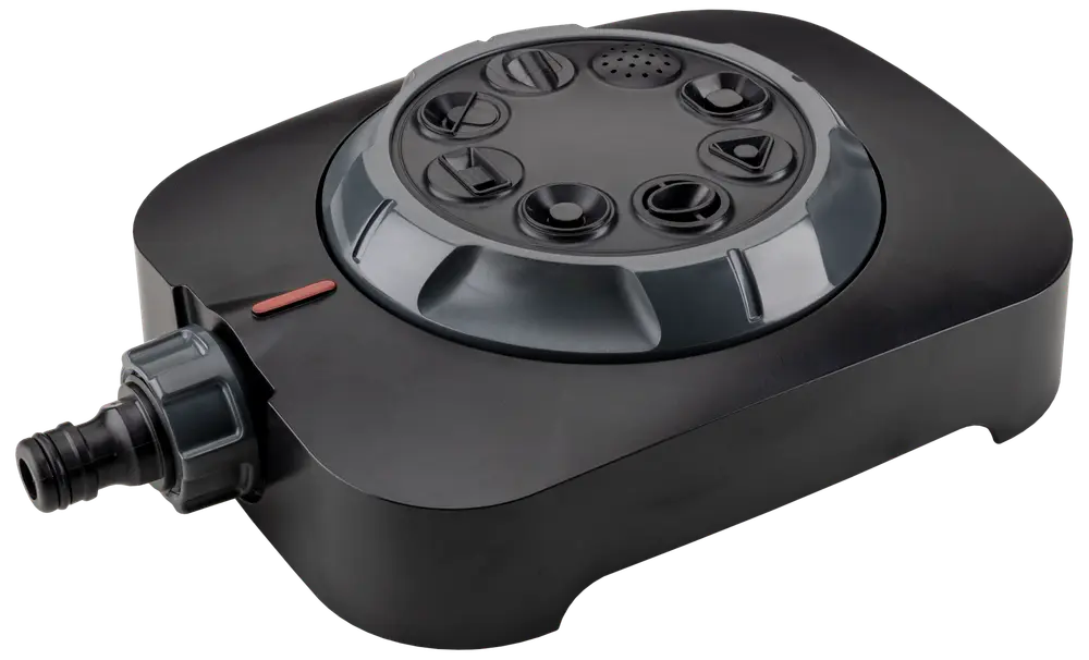 Sort automatisk vandtimer til haveslange med flere drejeknapper, slangetilslutning og robust plastkabinet. Ideel til nem planlægning og styring af vandingssystemer.