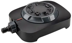 Sort automatisk vandtimer til haveslange med flere drejeknapper, slangetilslutning og robust plastkabinet. Ideel til nem planlægning og styring af vandingssystemer.