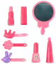 Rosa sminkleksaksset i plast för barn med spegel, läppstift, nagellack, kräm och tre hårspännen formade som krona, blomma och kanin. Lätt och säkert.