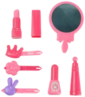 Rosa sminkleksaksset i plast för barn med spegel, läppstift, nagellack, kräm och tre hårspännen formade som krona, blomma och kanin. Lätt och säkert.