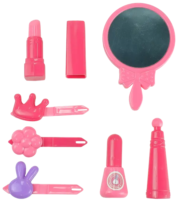 Rosa sminkleksaksset i plast för barn med spegel, läppstift, nagellack, kräm och tre hårspännen formade som krona, blomma och kanin. Lätt och säkert.