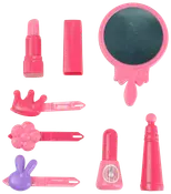 Lyserødt plastik makeup-legetøjssæt til børn med spejl, læbestift, neglelak, creme og tre hårspænder formet som krone, blomst og kanin. Let og sikkert til leg.
