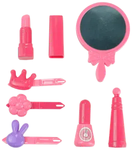 Lyserødt plastik makeup-legetøjssæt til børn med spejl, læbestift, neglelak, creme og tre hårspænder formet som krone, blomst og kanin. Let og sikkert til leg.