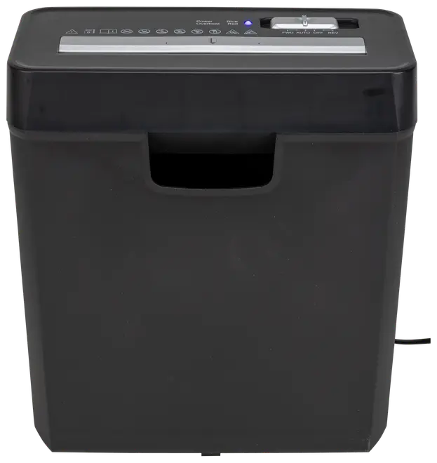Sort papirmakulator med rektangulært design, topindføring, kontrolknap og integreret håndtag for nem tømning. Velegnet til sikker bortskaffelse af dokumenter hjemme eller på kontoret.