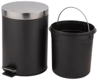 Svart pedalhink med lock i rostfritt stål och avtagbar innerhink med handtag. Passar för avfall i kök eller badrum. Modern design, lätt att rengöra.