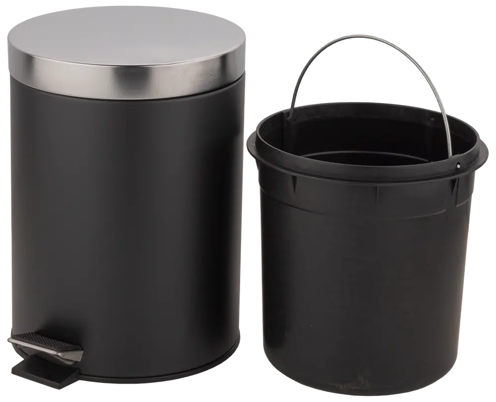 Svart pedalhink med lock i rostfritt stål och avtagbar innerhink med handtag. Passar för avfall i kök eller badrum. Modern design, lätt att rengöra.