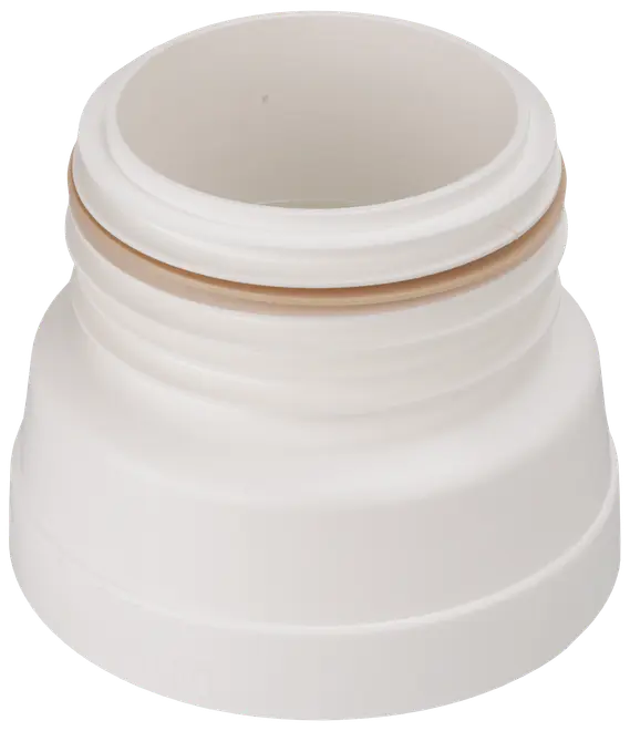 Vit plastflaskadapter med gängad hals och silikonpackning, passar kompatibla flaskor. Slät yta, hållbar konstruktion, enkel att rengöra, ger läckagesäker anslutning.