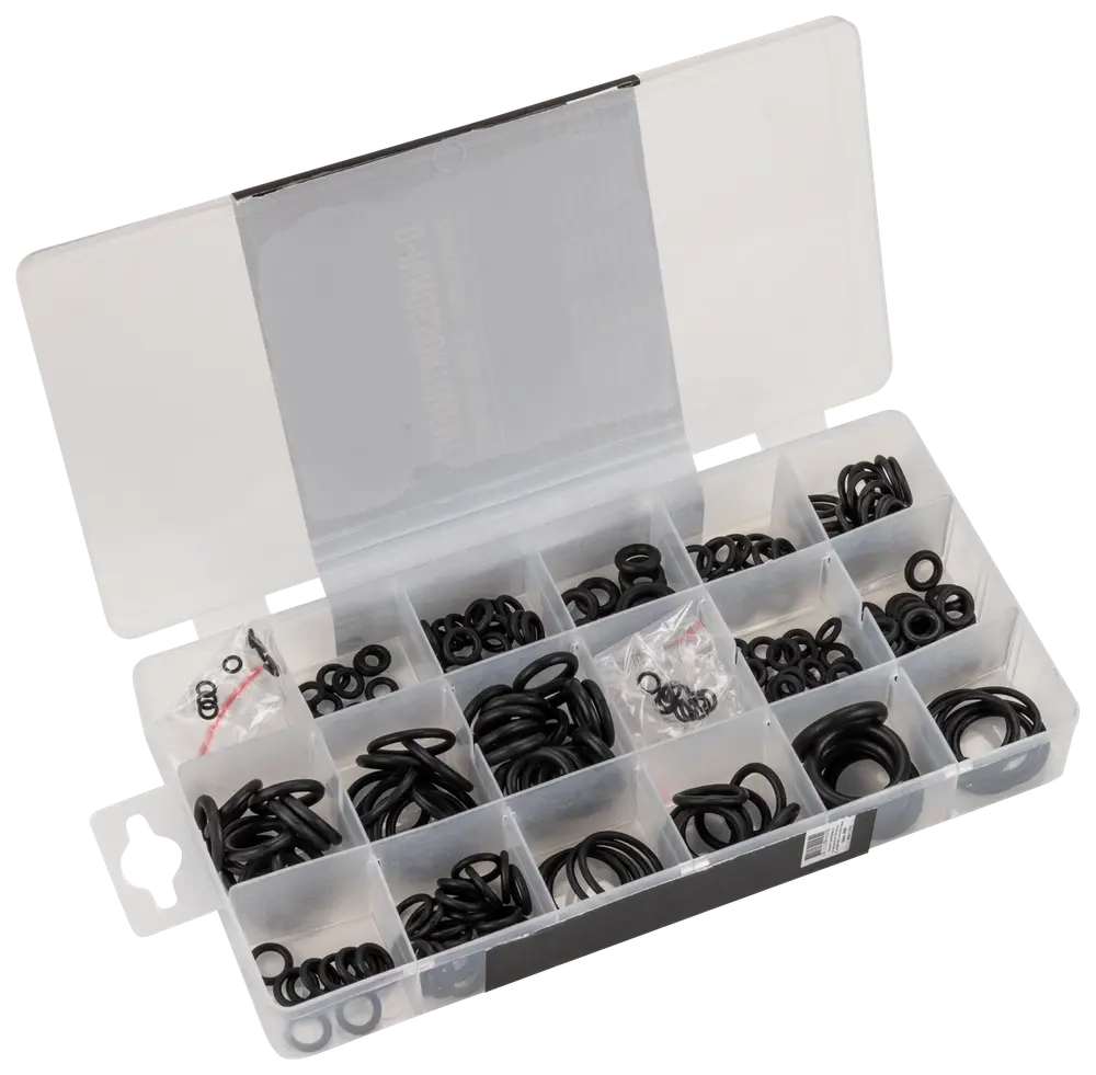 Plastlåda med olika svarta gummi O-ringar i flera storlekar, varje fack har en storlek, perfekt för tätning och reparation.
