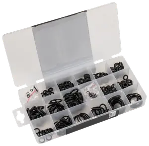 Plastlåda med olika svarta gummi O-ringar i flera storlekar, varje fack har en storlek, perfekt för tätning och reparation.