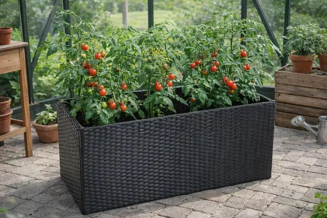 Rektangulär svart flätad planteringslåda med frodiga tomatplantor och mogna röda tomater. Passar för inomhus- eller utomhusodling, hållbar och stilren design.