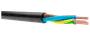Svart elkabel med synliga kopparledare och färgad innerisolering i blått, gult, grönt och brunt.