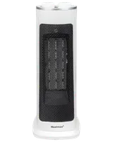 Vit keramisk tornvärmare med svart nätfront, två rattar upptill, kompakt design, passar små rum, varumärket Heatmax synligt vid basen.