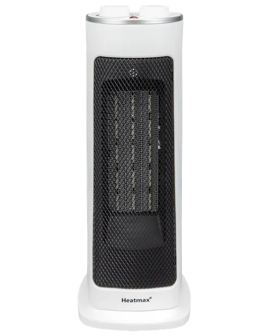 Hvidt keramisk tårnvarmeapparat med sort netfront, to drejeknapper øverst, kompakt design, velegnet til små rum, mærket Heatmax synligt nederst.