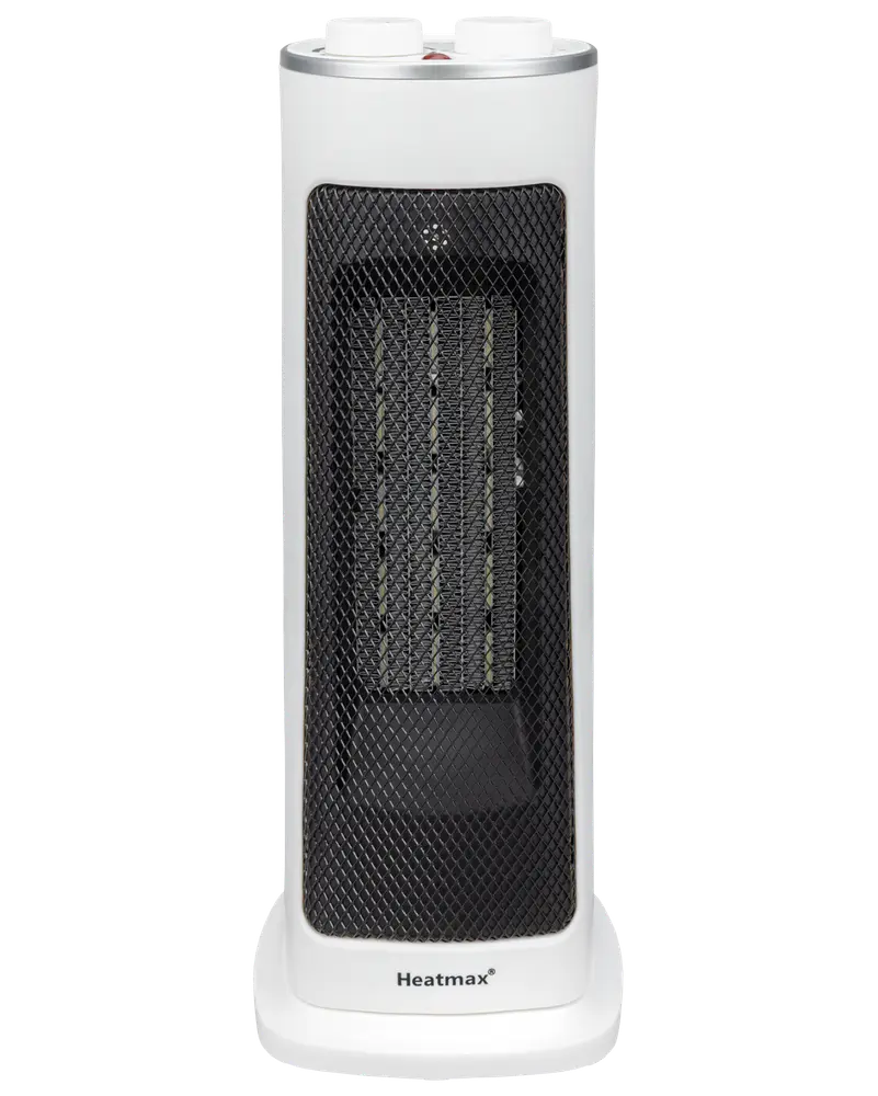 Vit keramisk tornvärmare med svart nätfront, två rattar upptill, kompakt design, passar små rum, varumärket Heatmax synligt vid basen.