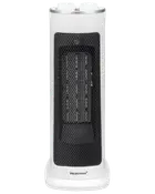 Vit keramisk tornvärmare med svart nätfront, två rattar upptill, kompakt design, passar små rum, varumärket Heatmax synligt vid basen.