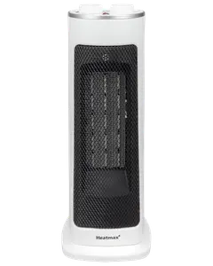 Vit keramisk tornvärmare med svart nätfront, två rattar upptill, kompakt design, passar små rum, varumärket Heatmax synligt vid basen.