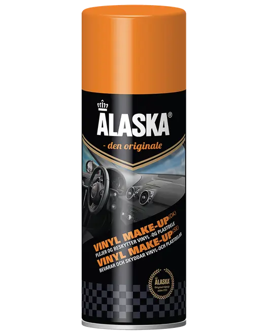 Sort og orange Alaska vinyl make-up spraydåse til rengøring og beskyttelse af bilens vinyl- og plastinteriør.