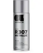 Sølv metallic spraymaling, 400 ml, mærket Cosmos Lac R307. Højglans finish, hurtigtørrende akrylformel og anti-dryp dyse for jævne, professionelle resultater.