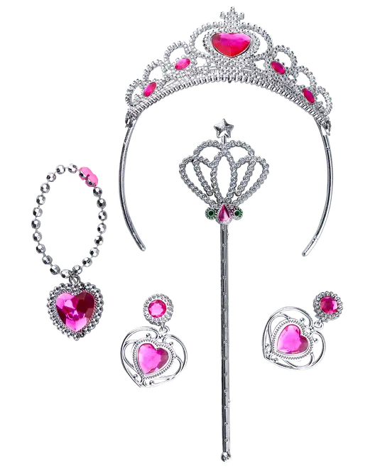 Prinsessmyckesset för barn med silverdiadem, trollstav, armband, örhängen och ring, alla dekorerade med rosa hjärtformade stenar. Perfekt för utklädnad eller lek.
