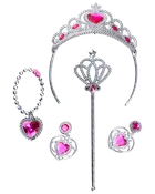 Prinsesse-smykkesæt til børn med sølvdiadem, tryllestav, armbånd, øreringe og ring, alle pyntet med lyserøde hjerteformede sten og sølvdetaljer. Ideel til udklædning.