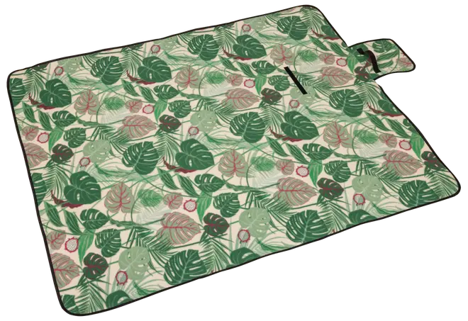 Rektangulært picnic-tæppe med tropisk bladmønster i grønne og lyserøde nuancer, foldbart design og bærehåndtag. Vandafvisende og velegnet til udendørs brug.