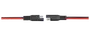 Sort adapterkabel med røde og sorte ledninger, støbte stik i begge ender og synlige metalterminaler.
