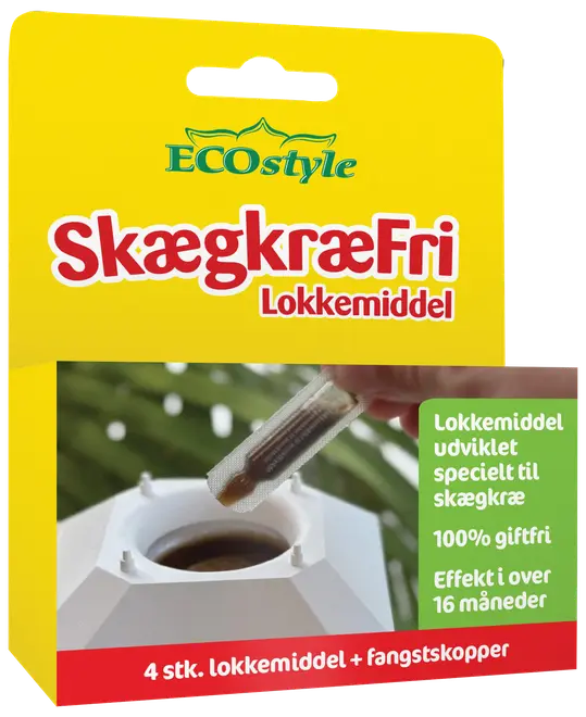 ECOstyle SkægkræFri lokkemiddel, gul emballage, indeholder 4 stk. lokkemiddel og fangstskopper. Udviklet specielt til skægkræ, 100% giftfri, effekt i over 16 måneder.