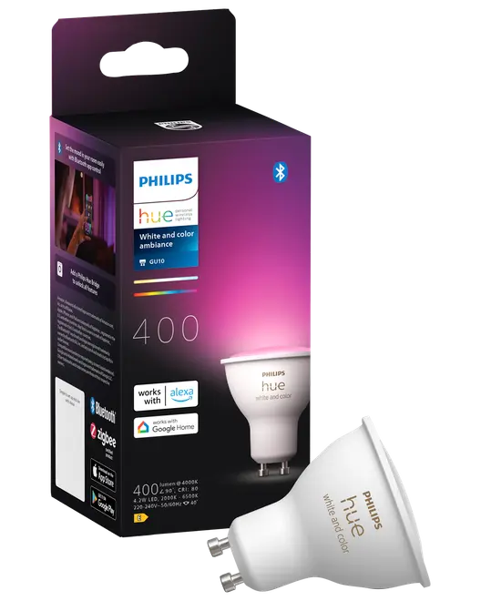 Philips Hue GU10 smart LED-pære, hvid og farve ambiance, 400 lumen, Bluetooth og Zigbee kompatibel, virker med Alexa og Google Home. Inkluderer én pære og emballage.