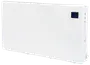 Hvid vægmonteret elektrisk panelvarmer med digitalt display, der viser temperaturen. Slankt, rektangulært design med kontrolknapper på siden. Perfekt til moderne opvarmning.