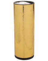 Hög cylindrisk guldfärgad konfettikanon med subtila stjärnmönster, svart botten och öppen topp. Perfekt för festliga tillfällen, sprider konfetti vid användning.