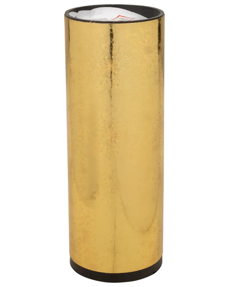 Hög cylindrisk guldfärgad konfettikanon med subtila stjärnmönster, svart botten och öppen topp. Perfekt för festliga tillfällen, sprider konfetti vid användning.