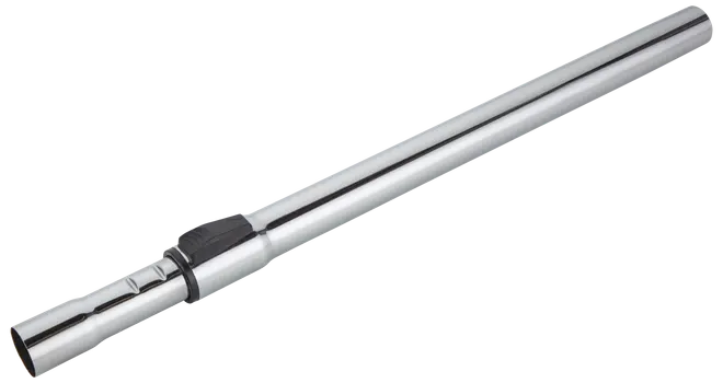 Kromad teleskoprör till dammsugare med justerbar längd och låsmekanism, används för att ansluta slang till munstycken och ge längre räckvidd.