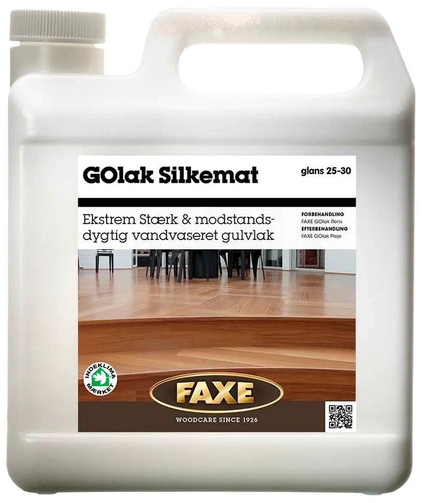 Plastdunk med Faxe GOlak Silkemat, vandbaseret, ekstrem stærk og modstandsdygtig gulvlak til trægulve, glans 25-30, giver en slidstærk og silkemat overflade.