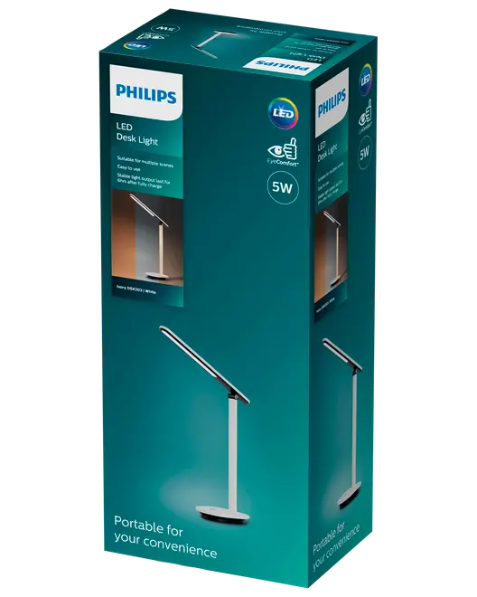 Philips LED skrivebordslampe, 5W, hvid, bærbart design. Velegnet til læsning, stabilt lys, nem at bruge. EyeComfort-teknologi. Produktbillede og funktioner vises på emballagen.