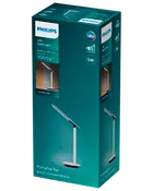 Philips LED skrivebordslampe, 5W, hvid, bærbart design. Velegnet til læsning, stabilt lys, nem at bruge. EyeComfort-teknologi. Produktbillede og funktioner vises på emballagen.