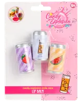 Sæt med tre læbepomader i sodavandsdåse-formede beholdere med farverige frugtmotiver: jordbær, vandmelon og en drik. Velegnet til børn fra 6 år.