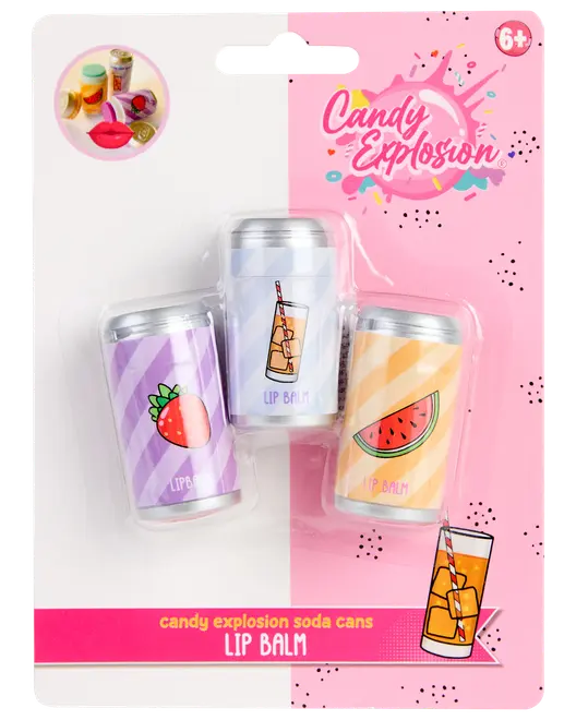 Sæt med tre læbepomader i sodavandsdåse-formede beholdere med farverige frugtmotiver: jordbær, vandmelon og en drik. Velegnet til børn fra 6 år.